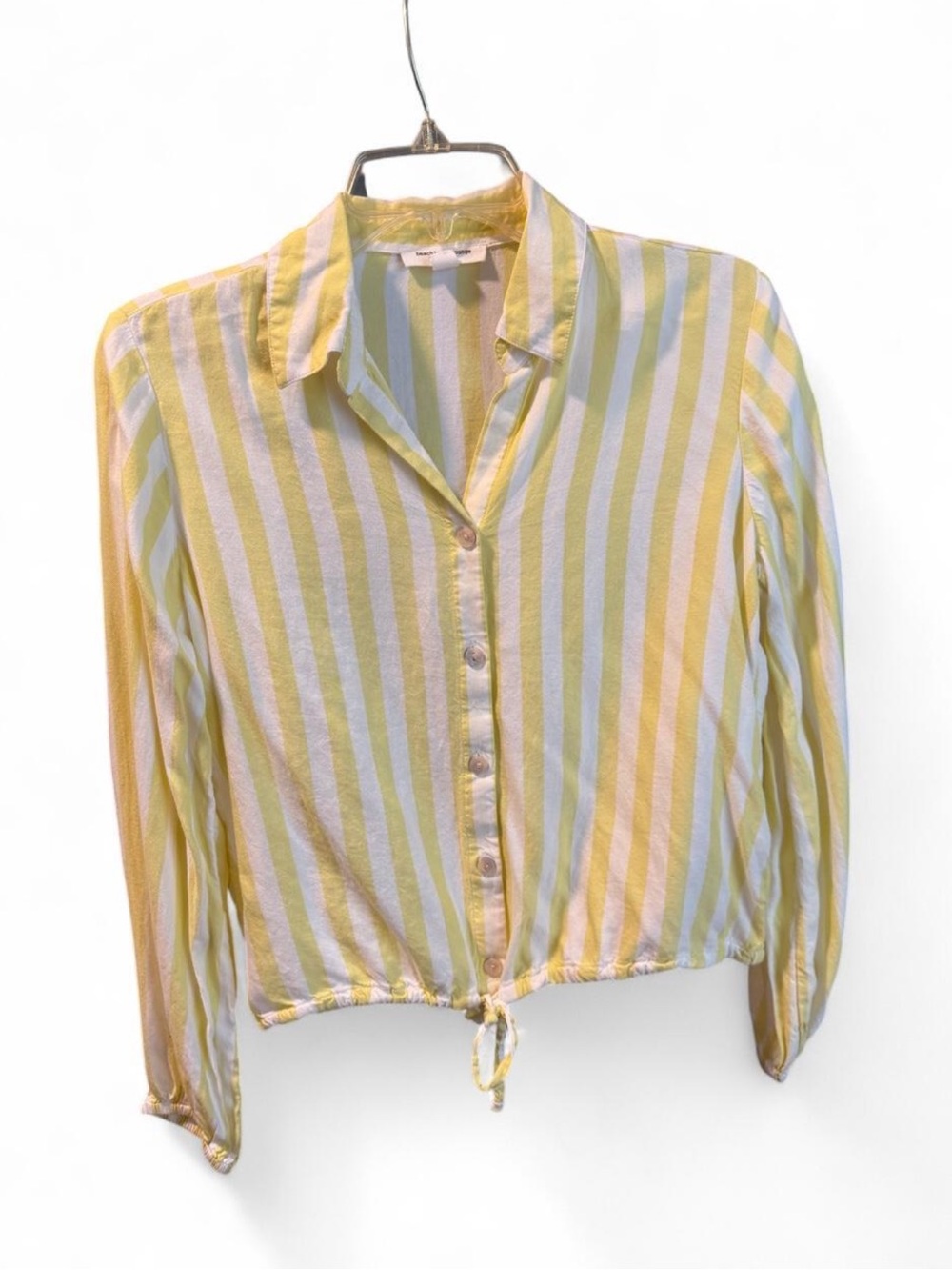 beachlunchlounge Yellow and White Striped Button-Down Tie-Hem Shirt